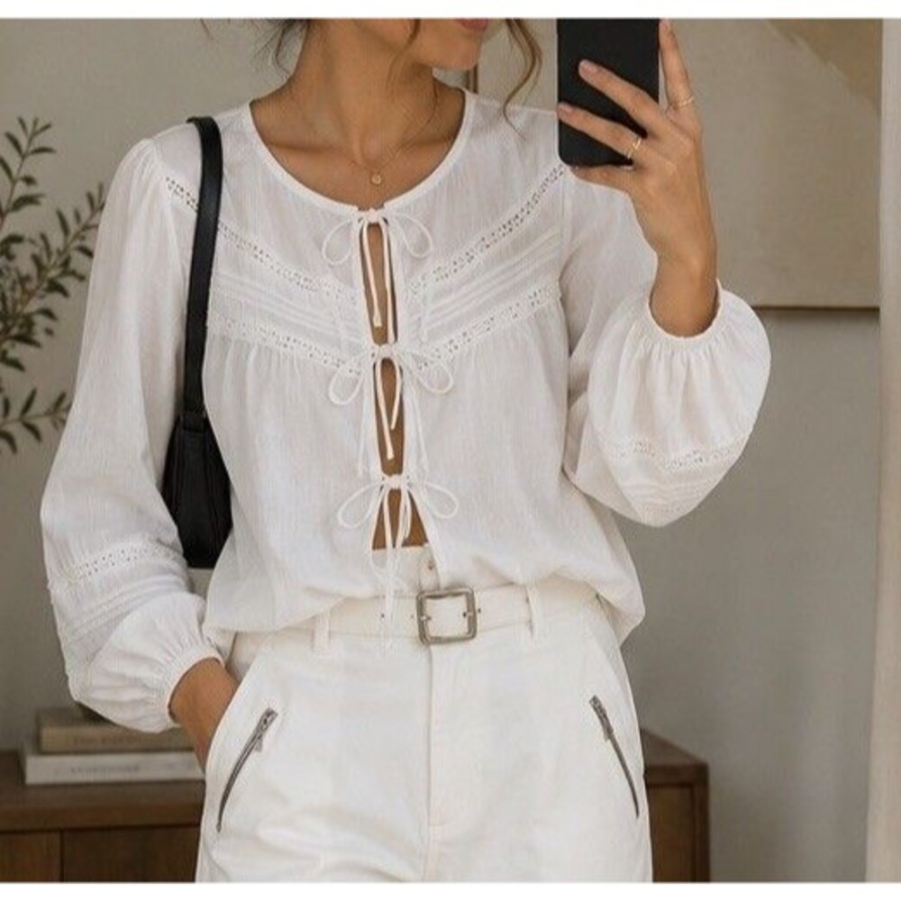Rosewood White Tie Front Peasant Blouse Cotton Blend Boho Balloon Sleev